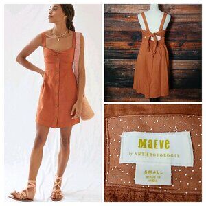 Maeve Anthropologie Dress S Terracotta Linen Blend Twist Front Tie Back Pockets